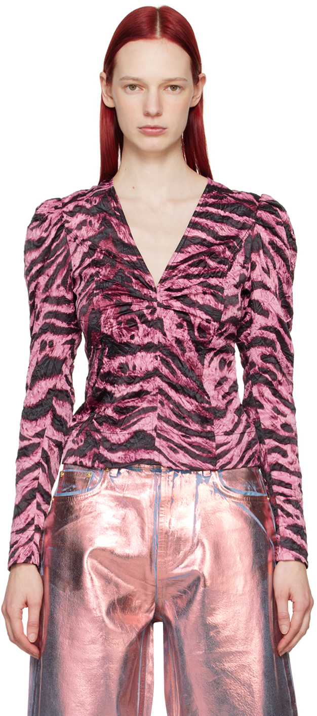 Ganni Tiger-print Crinkled Blouse In Rosa