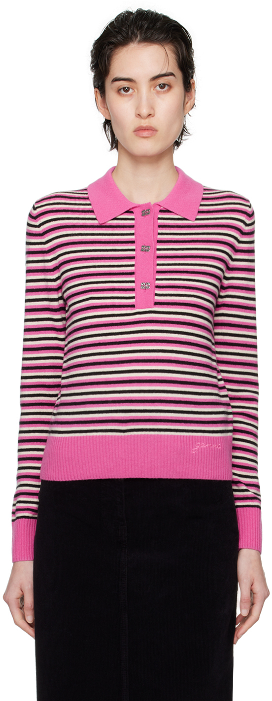 GANNI ガニー ポロニット Ganni【 ガニー】Shiny Pointelle Knit Short Sleeve Polo
