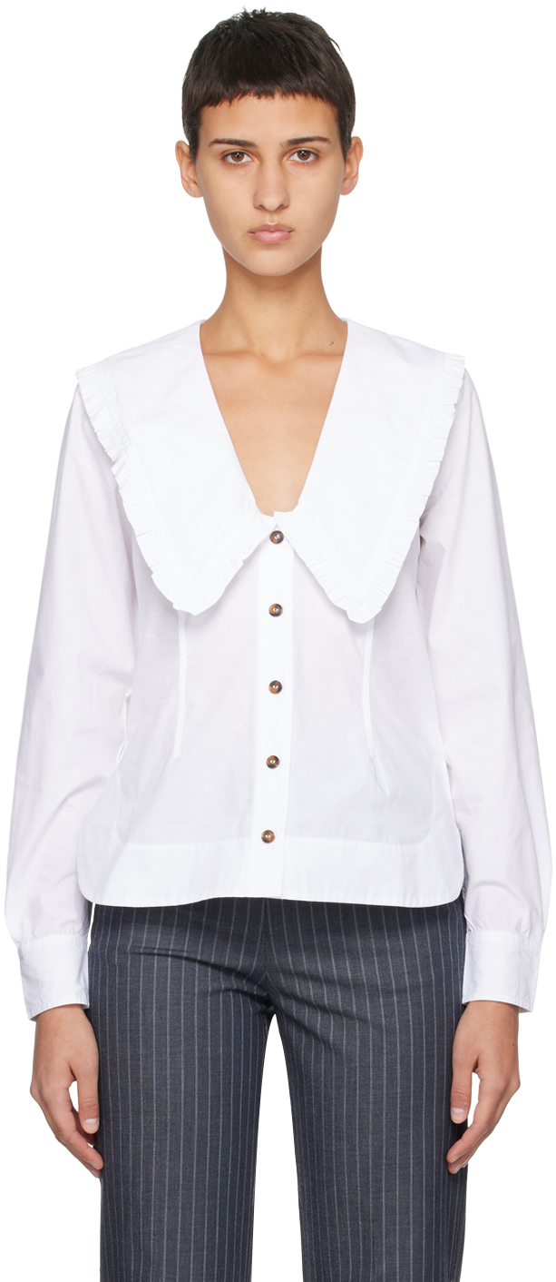 Shop Ganni White V-neck Shirt In 151 Bright White