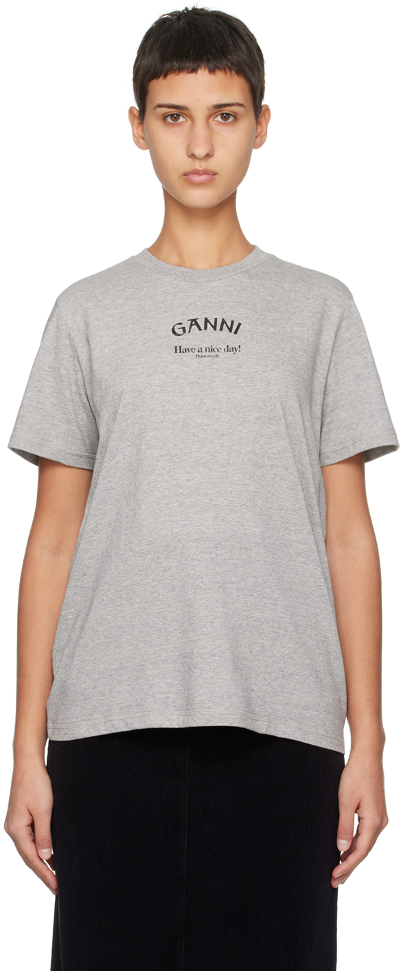 Ganni Gray Crewneck T-shirt In 921 Paloma Melange