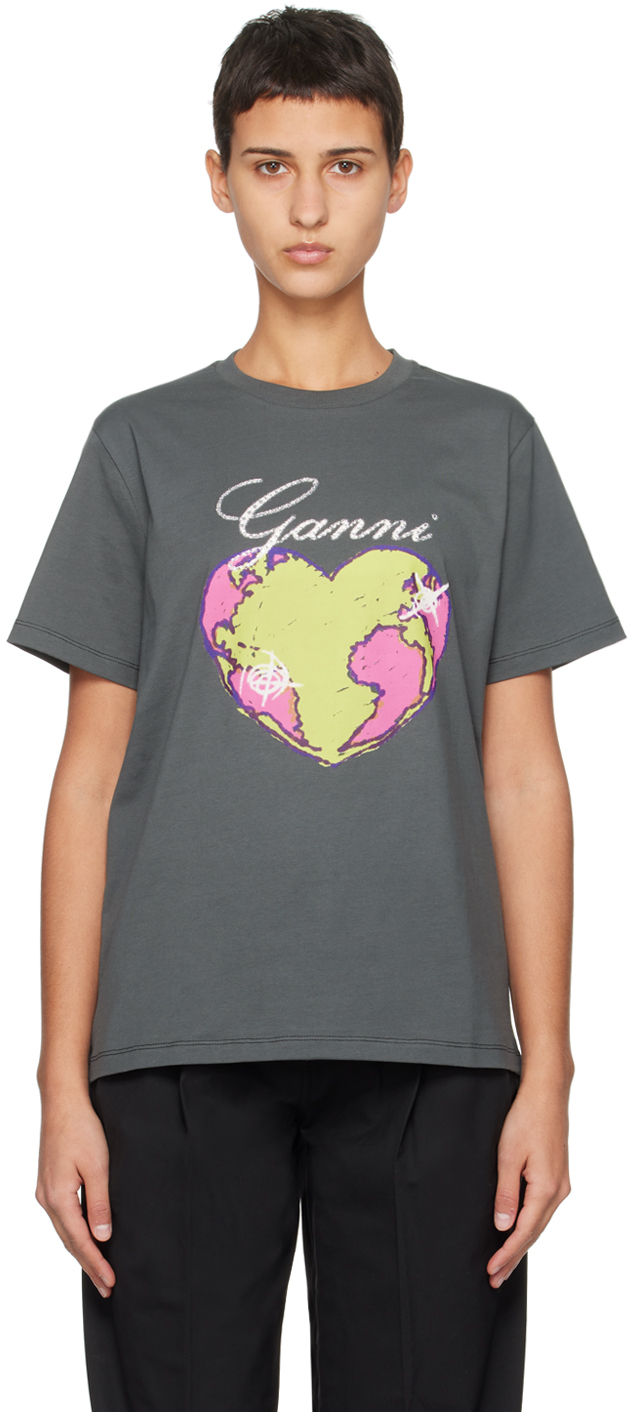 Shop Ganni Gray Heart T-shirt In 490 Volcanic Ash