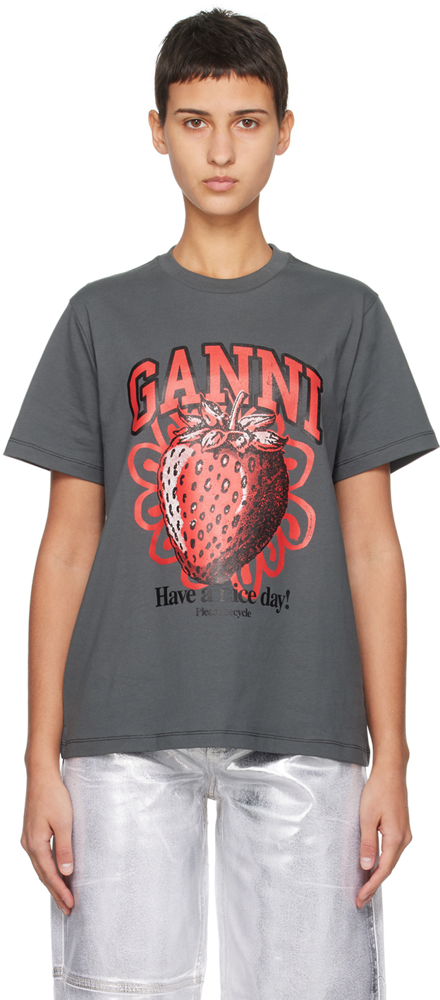 Shop Ganni Gray Strawberry T-shirt In 490 Volcanic Ash