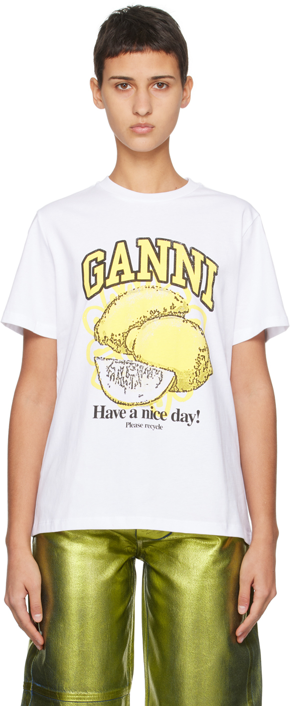 Ganni Lemon Crewneck Jersey T-shirt In White