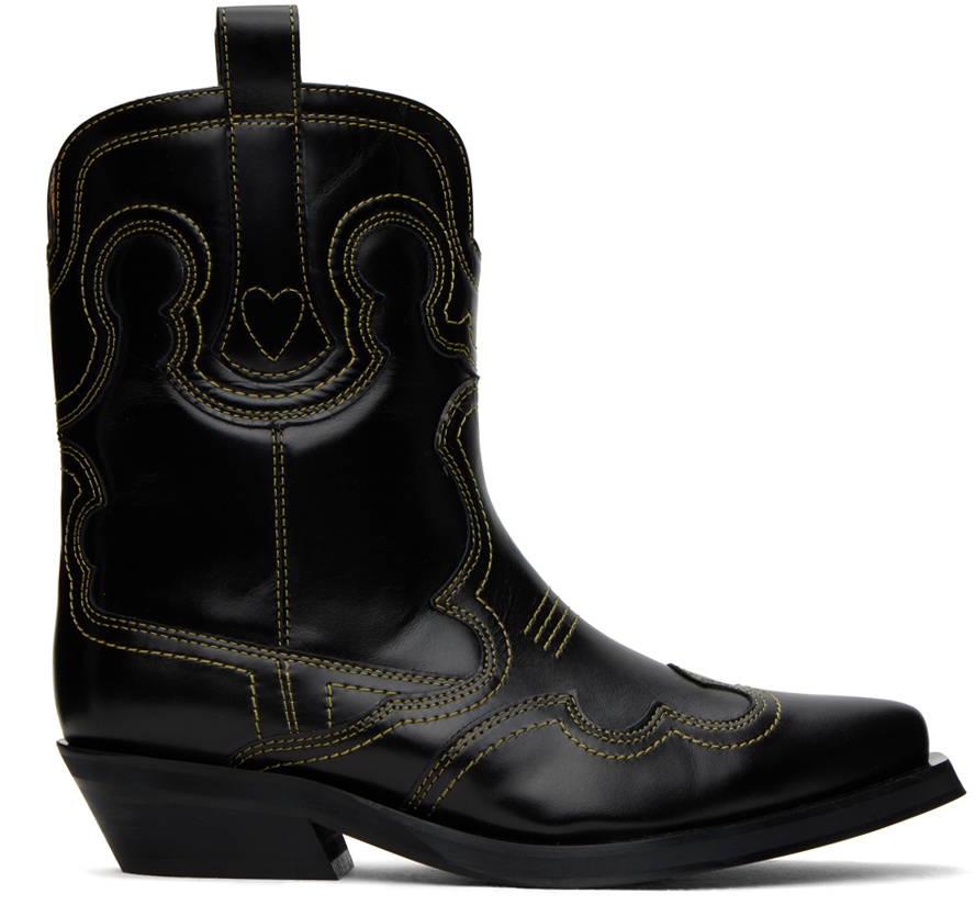 Ganni Black Low Shaft Embroidered Western Boots In 864 Black/yellow