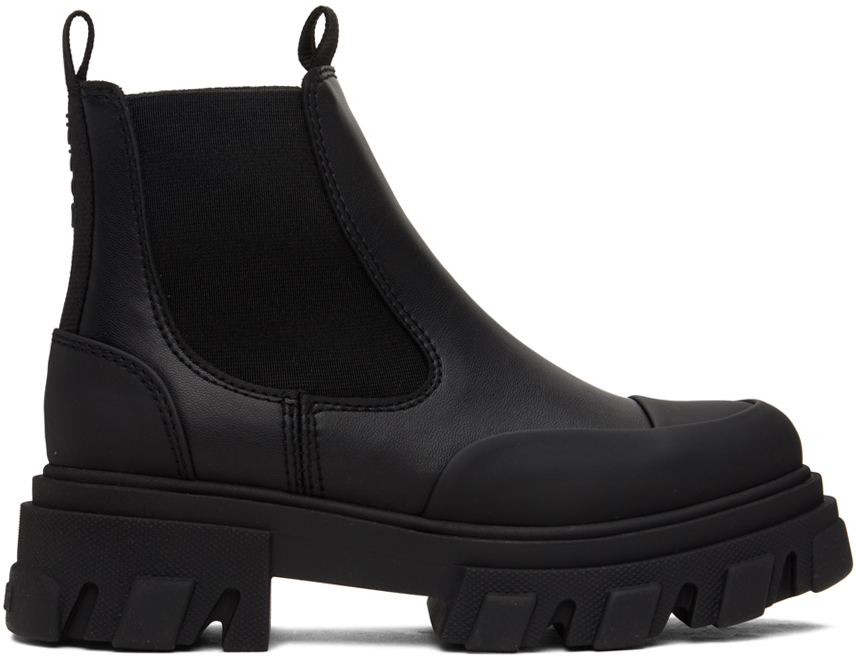 Ganni Black Cleated Low Chelsea Boots In 099 Black