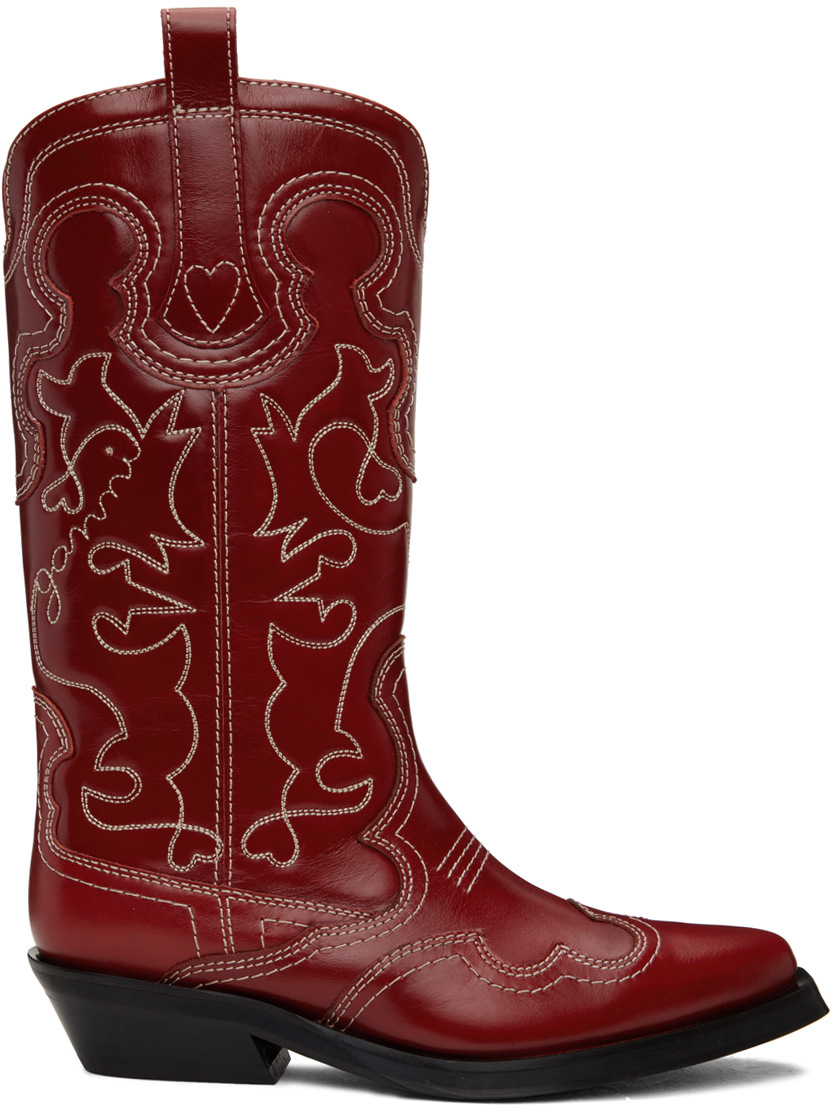 Woman Cowboy Boots in Black Calfskin with Red Embroidery