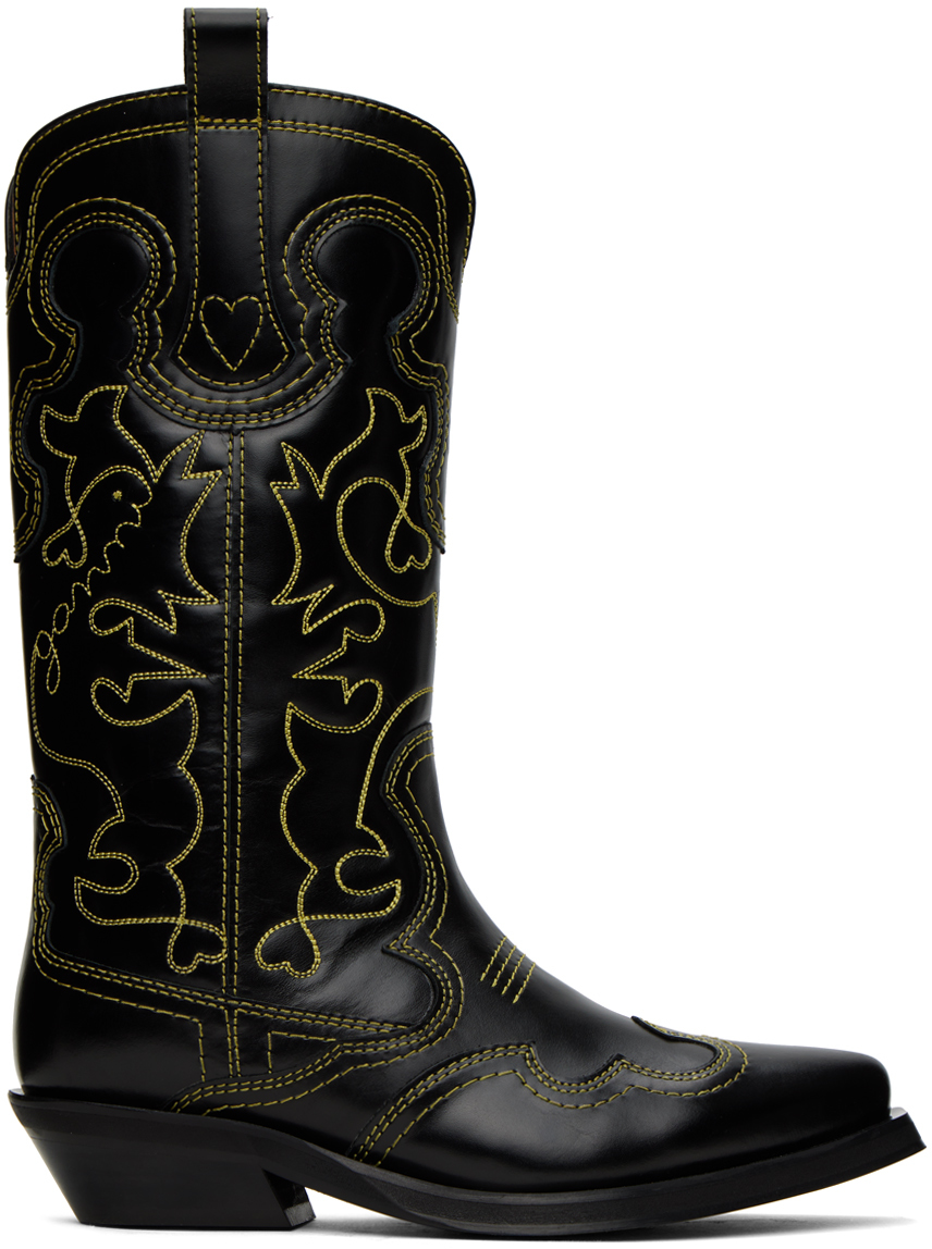 Shop Ganni Black Mid Shaft Embroidered Western Boots In 099 Black