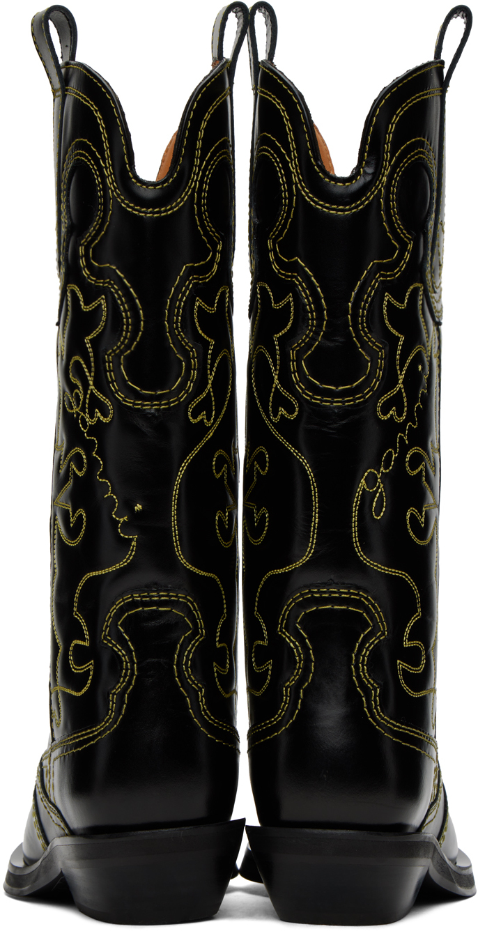 Ganni Mid Shaft Embroidered Western Boot In Black In 099 Black