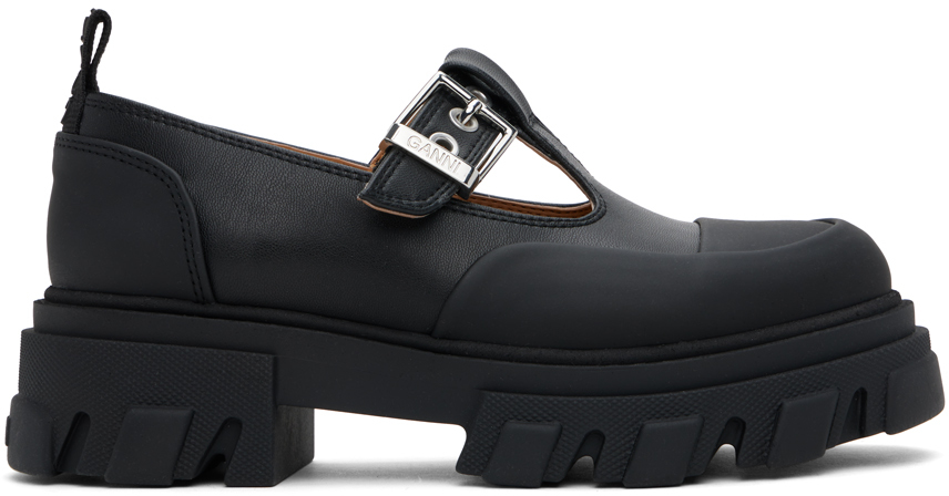 Shop Ganni Black Cleated Mary Jane Loafers In 099 Black