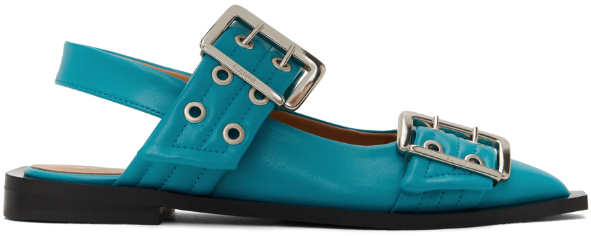 Blue Feminine Buckle Ballerina Flats