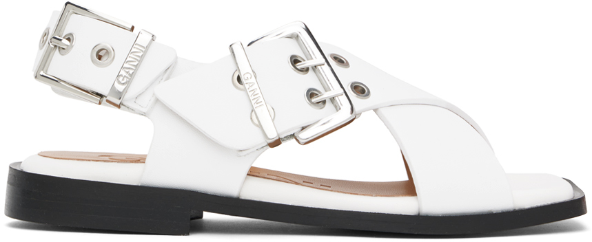 Shop Ganni White Feminine Buckle Cross Strap Sandals In 135 Egret