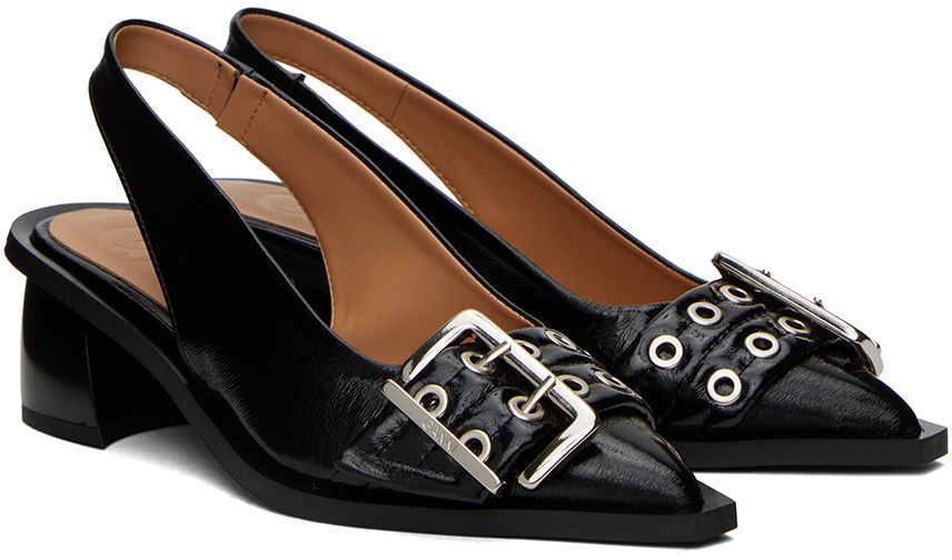 Ganni Feminine Buckle Slingback Pumps In 099 Black