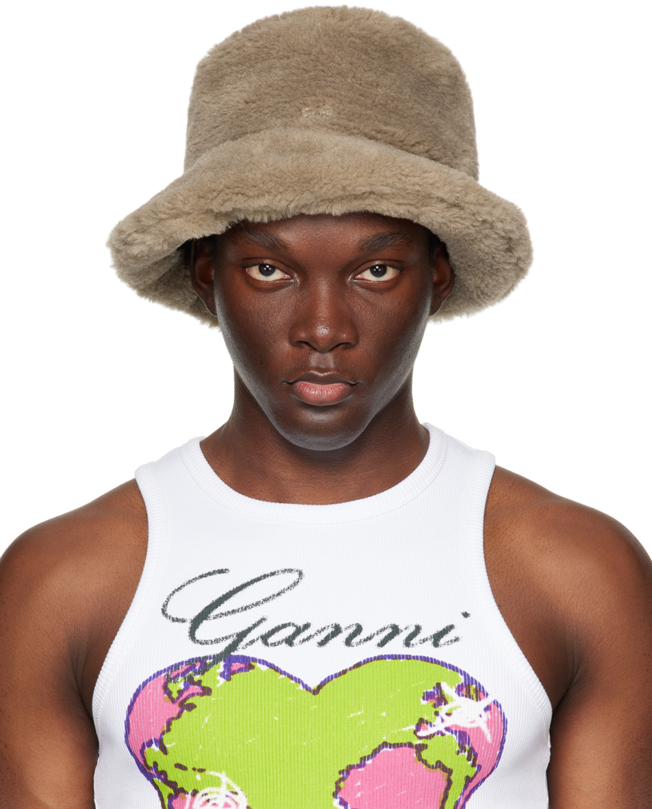 Ganni Taupe Fluffy Tech Bucket Hat In Oyster Grey