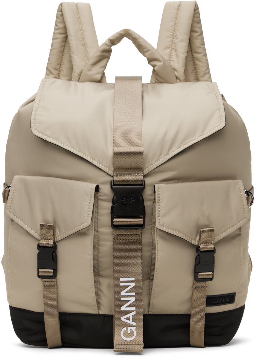 Ganni Taupe Tech Backpack In Oyster Grey