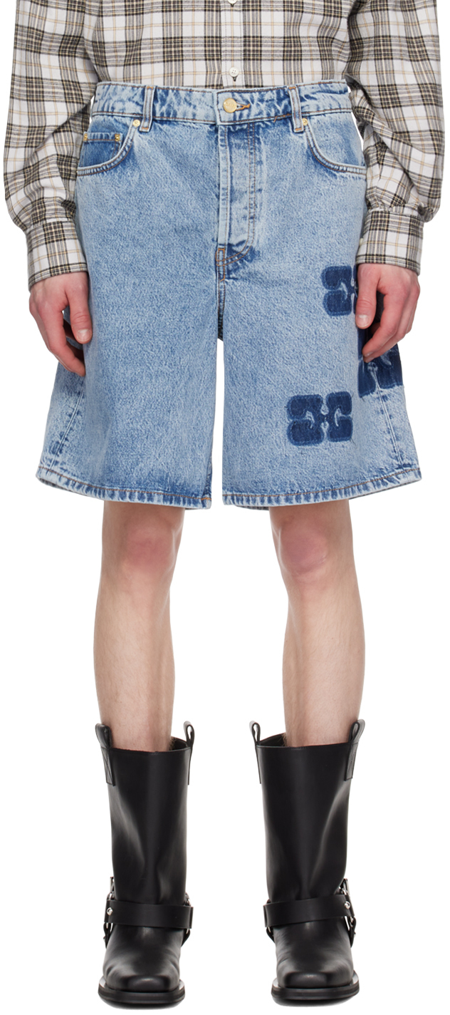 Shop Ganni Blue Patch Denim Shorts In Mid Blue Stone