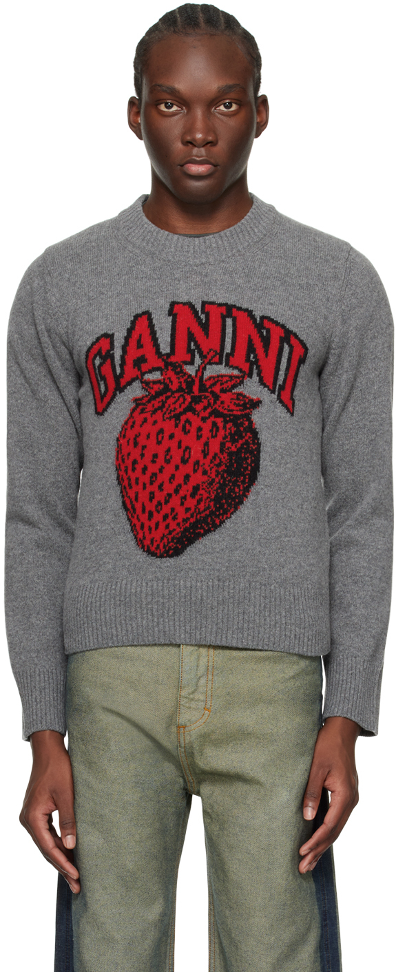Ganni Gray Strawberry Sweater In Frost Gray