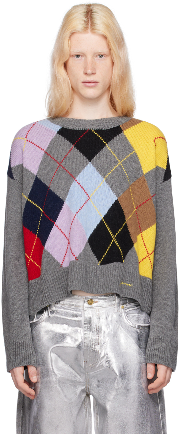 Ganni Gray Harlequin Sweater In Frost Gray