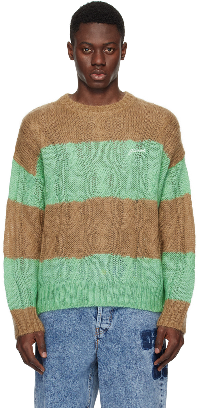 Ganni Brown & Green Striped Sweater In Tiger's Eye