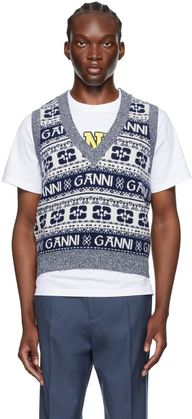 Shop Ganni Blue & White Jacquard Vest In Sky Captain