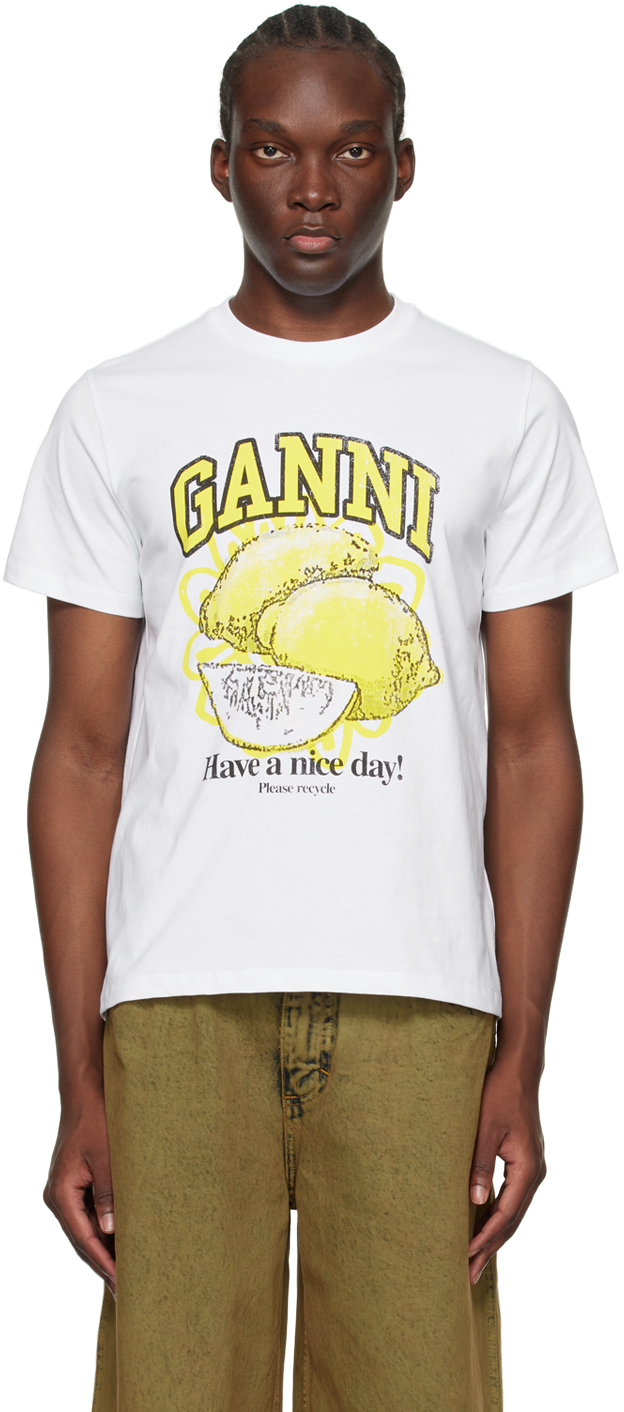 Ganni White Relaxed Lemon T-shirt In Bright White