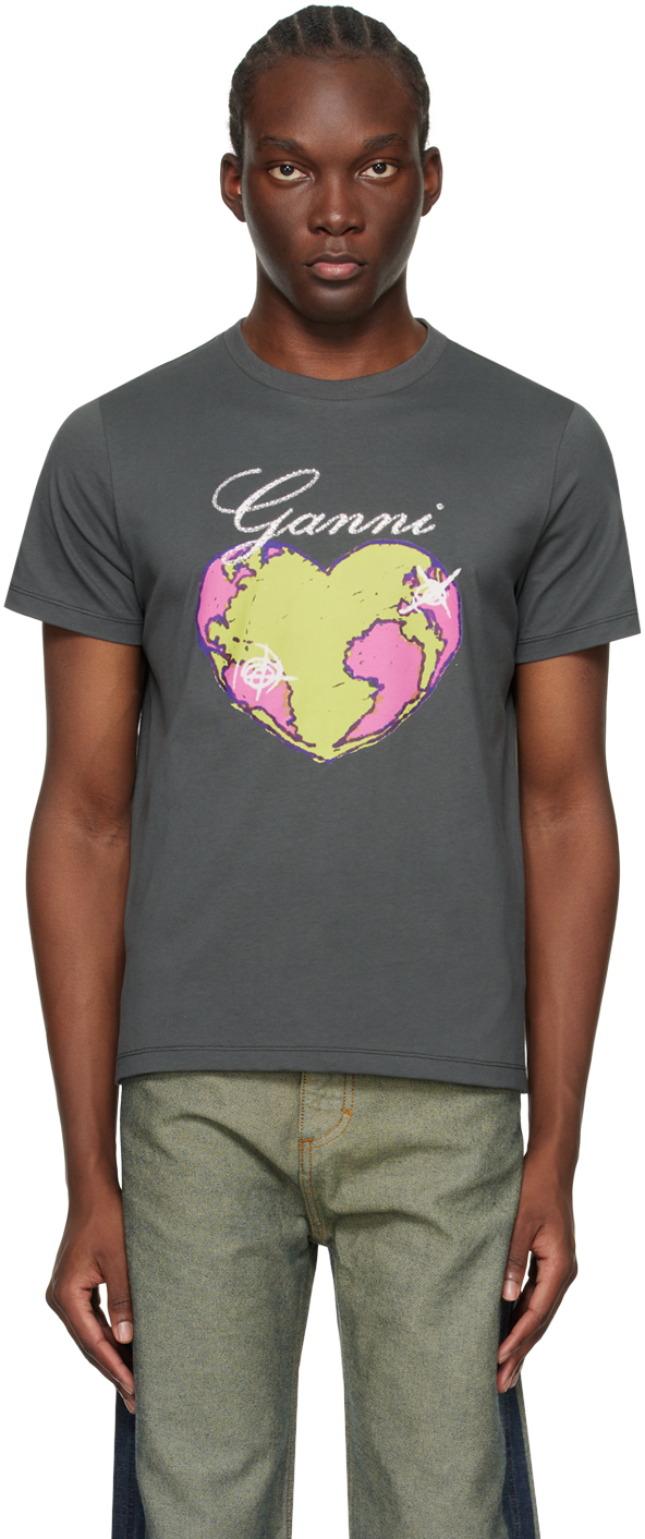 Shop Ganni Gray Relaxed Heart T-shirt In Volcanic Ash
