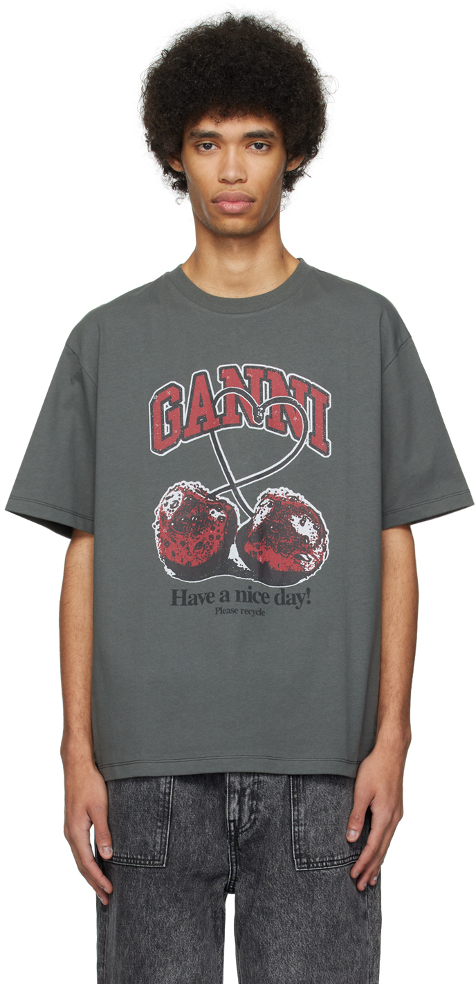 Shop Ganni Gray Cherry T-shirt In Volcanic Ash