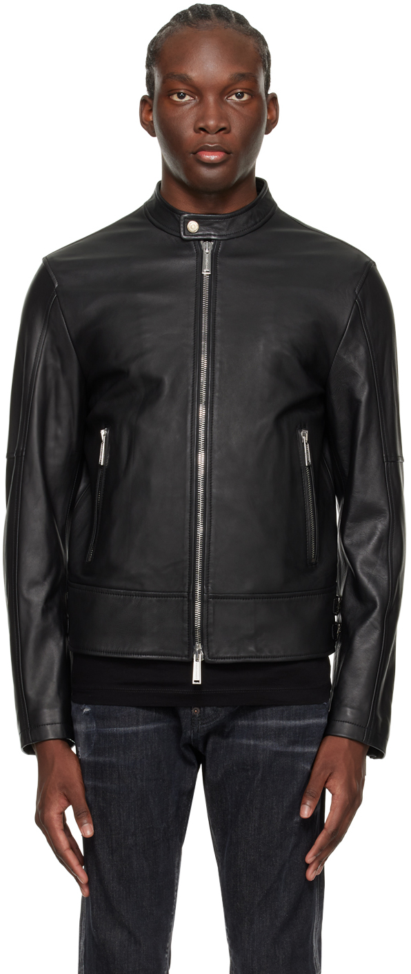 Black Band Collar Leather Biker Jacket