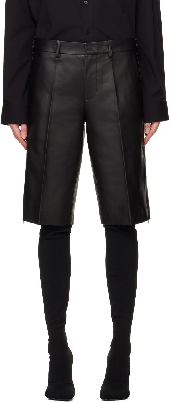 Shop Helmut Lang Black Straight-leg Leather Shorts