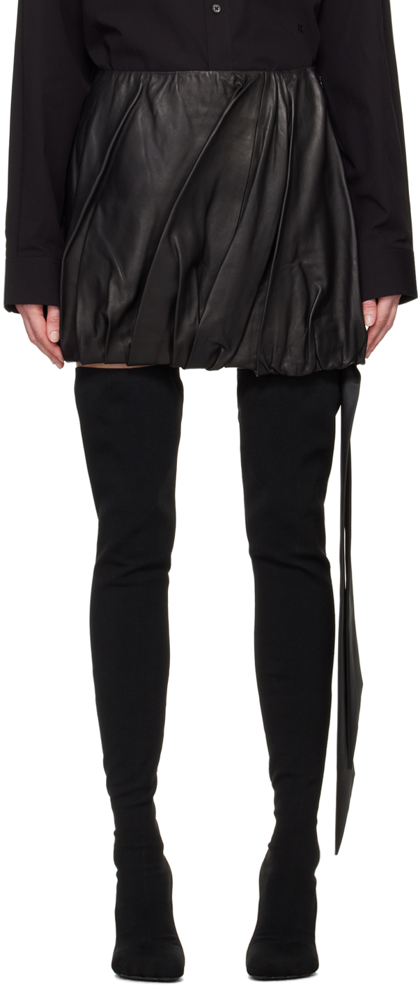 Black Ballooned Leather Miniskirt