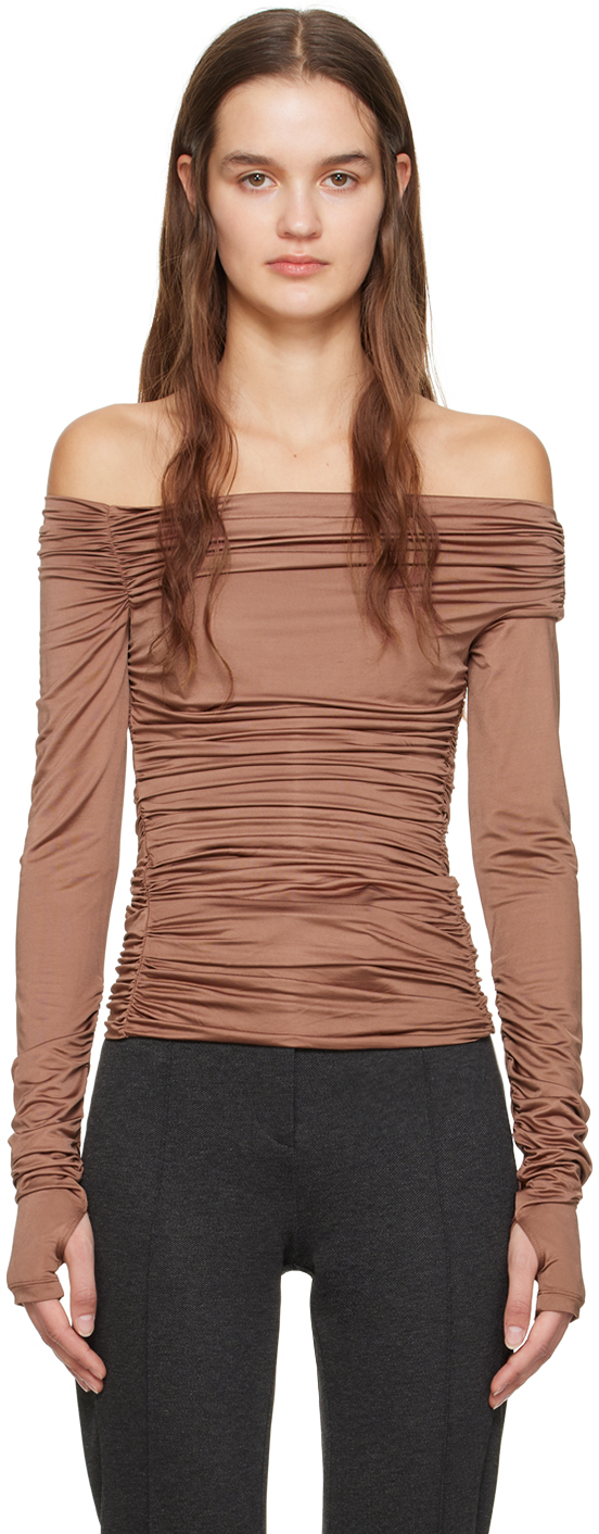 Helmut Lang Brown Ruched Long Sleeve T-shirt In Rust