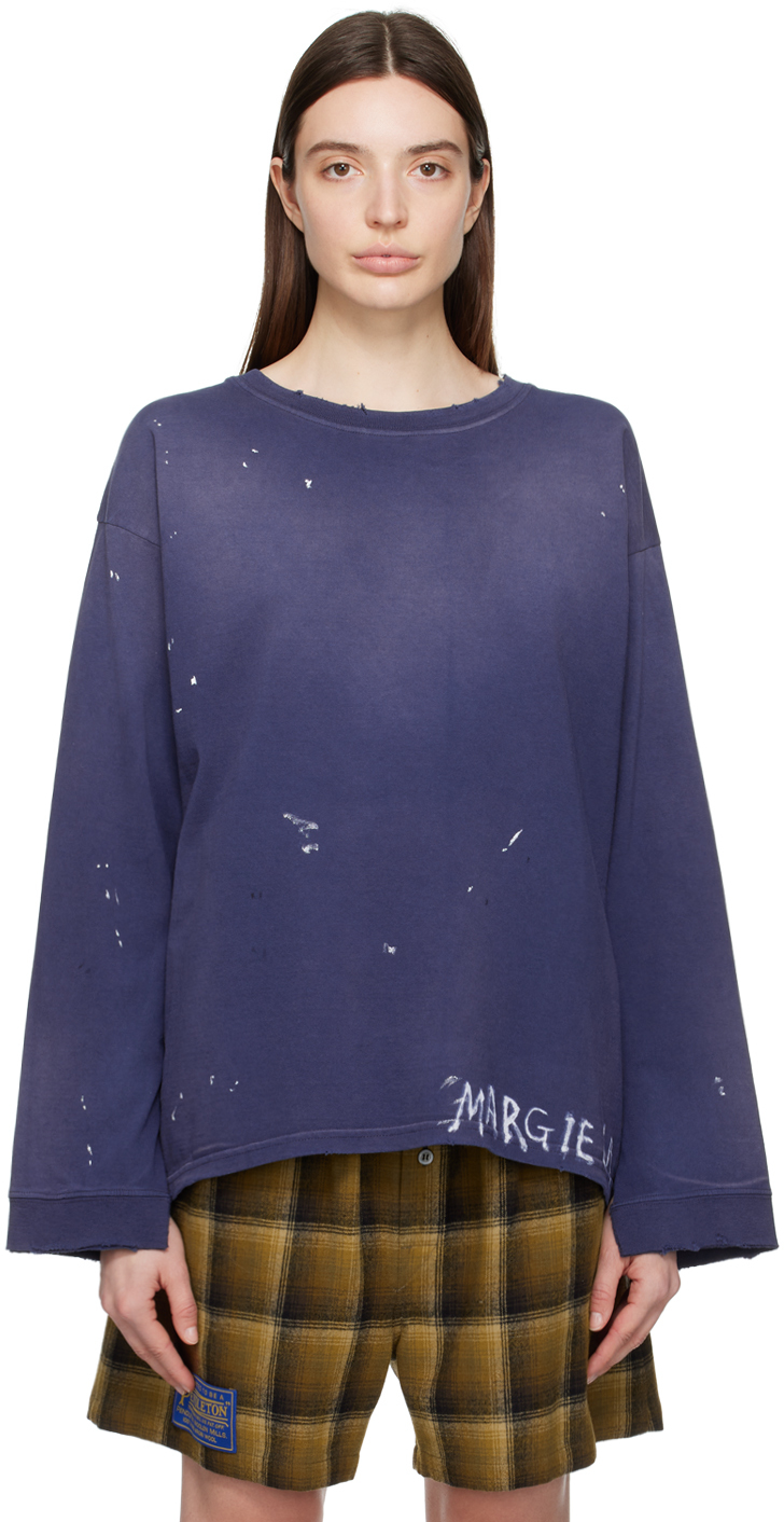 Shop Maison Margiela Navy Distressed Long Sleeve T-shirt In 366 Washed Purple