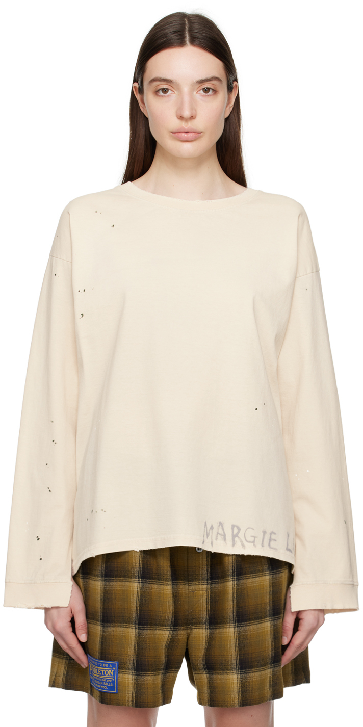 Shop Maison Margiela Off-white Distressed Long Sleeve T-shirt In 102 Dirty Ecru