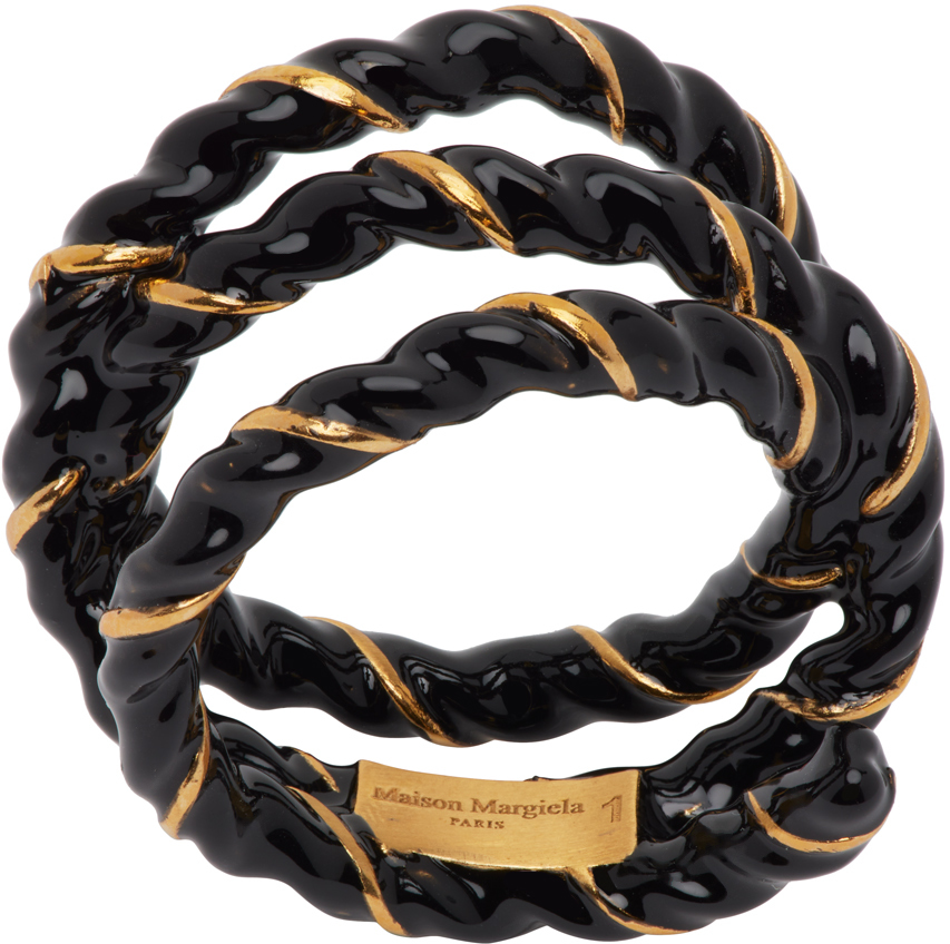 Maison Margiela Black & Gold Laces Ring In 967 Yellow Gold Plat