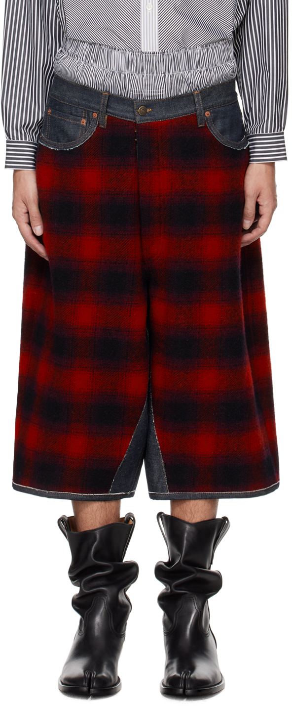 Red Paneled Denim Shorts
