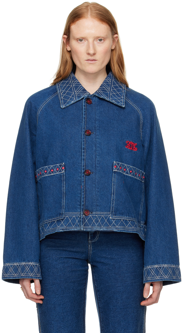 Shop Bode Blue Embroidered Denim Jacket In Indgo Indigo