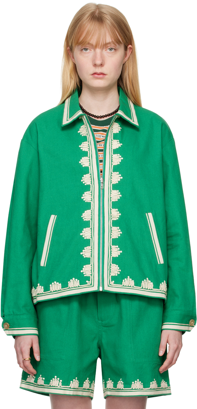 Shop Bode Green Ripple Appliqué Jacket In Ecgrn Ecru Green