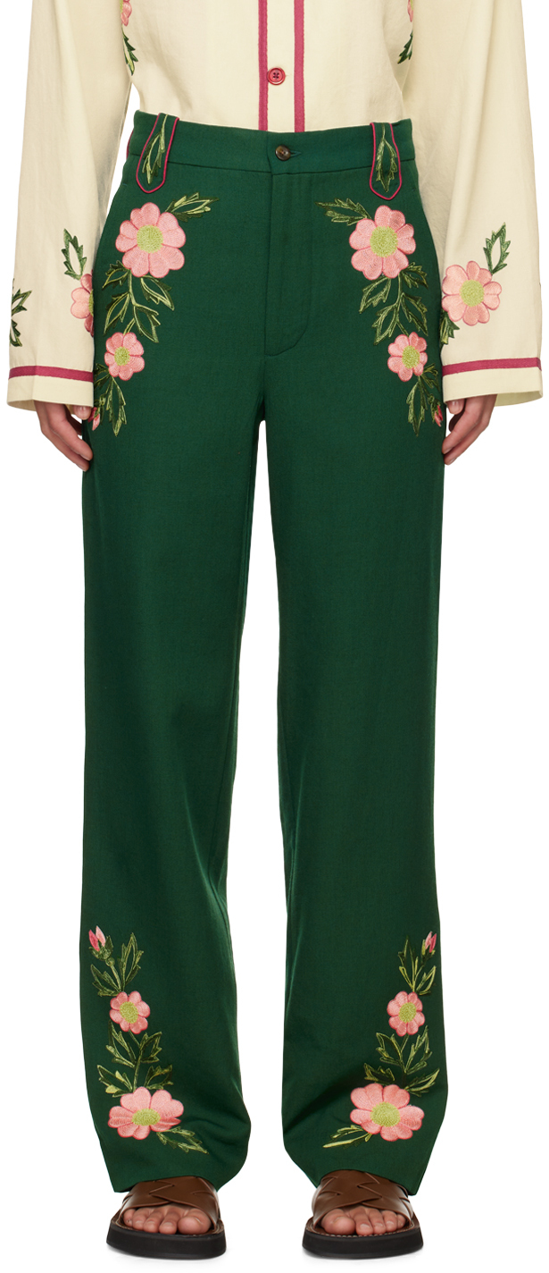 Bode Green Prairie Rose Trousers In Green Multi