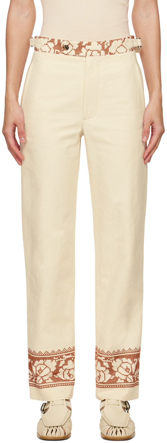 Bode Off-white Rose Garland Trousers In Brown White