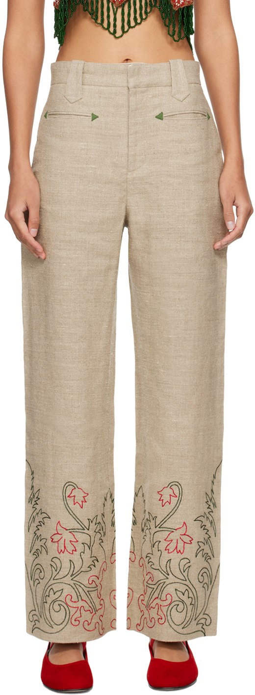 Shop Bode Beige Embroidered Trumpetflower Murphy Trousers In Tan