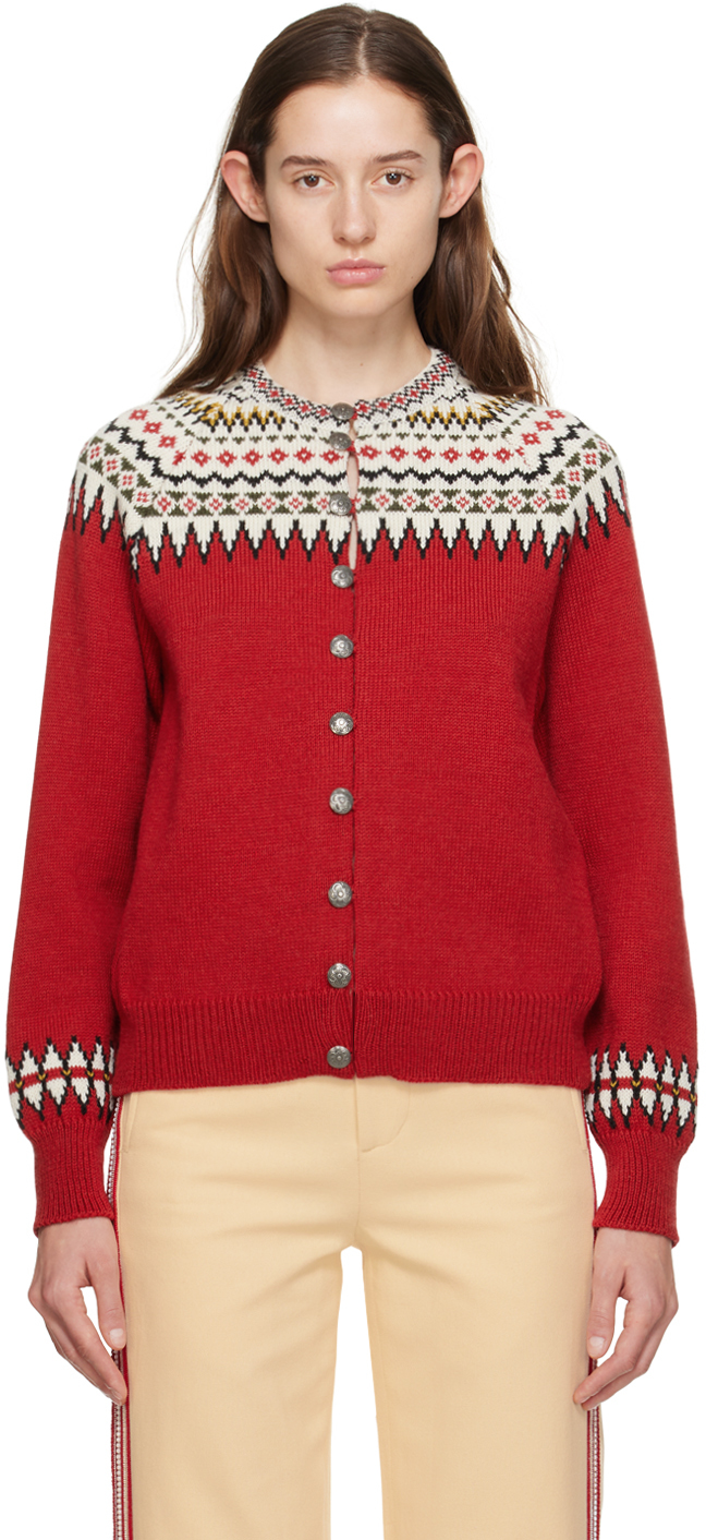 Bode Oslo Fair Isle Intarsia Wool Cardigan In Red