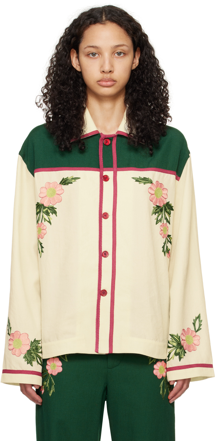 Bode Off-white Prairie Rose Shirt In Green Ecru