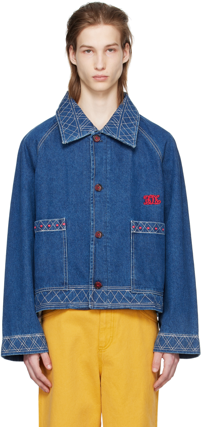 Shop Bode Indigo Embroidered Denim Jacket In Indgo