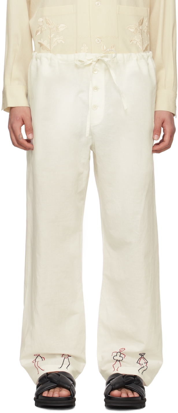 Bode White Embroidered Blackjack Trousers In White Multi