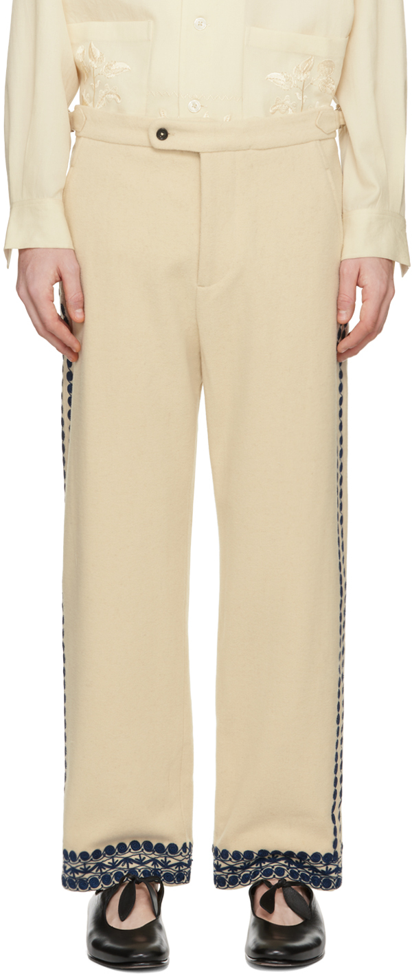 Bode Off-white & Navy Caracalla Vine Trousers In Wtblu White Blue