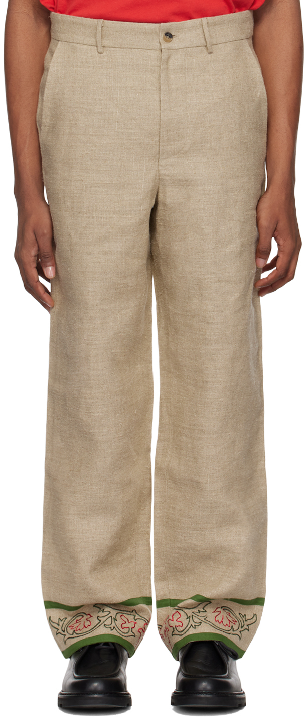 Bode: Beige Embroidered Trumpetflower Trousers | SSENSE Bode: Beige Embroidered Trumpetflower Trousers | SSENSE