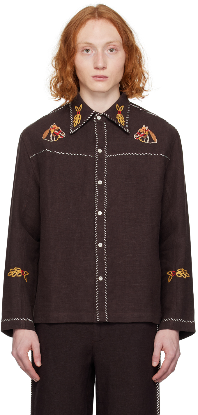 Bode Show Pony Embroidered Linen Shirt In Brown