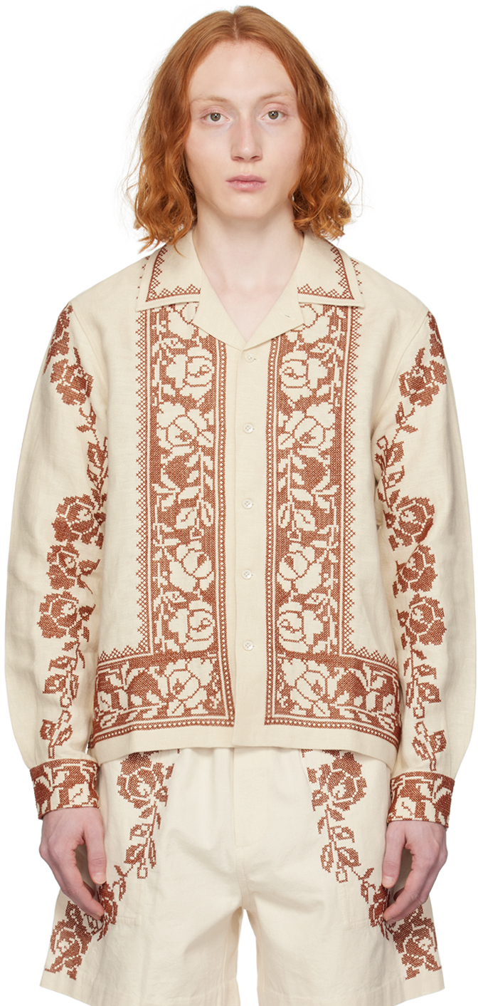 Bode Beige Rose Garland Long Sleeve Shirt In Brwht Brown White