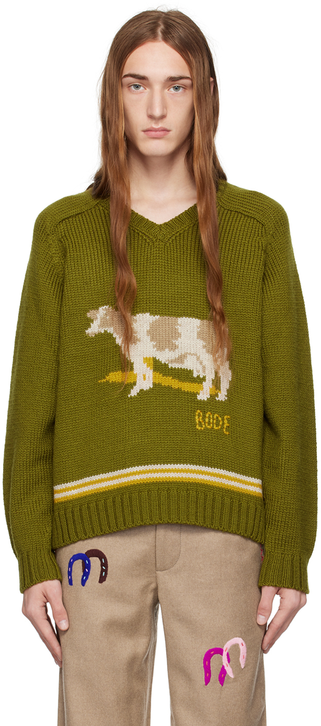 Shop Bode Khaki Cattle Sweater In Green Green