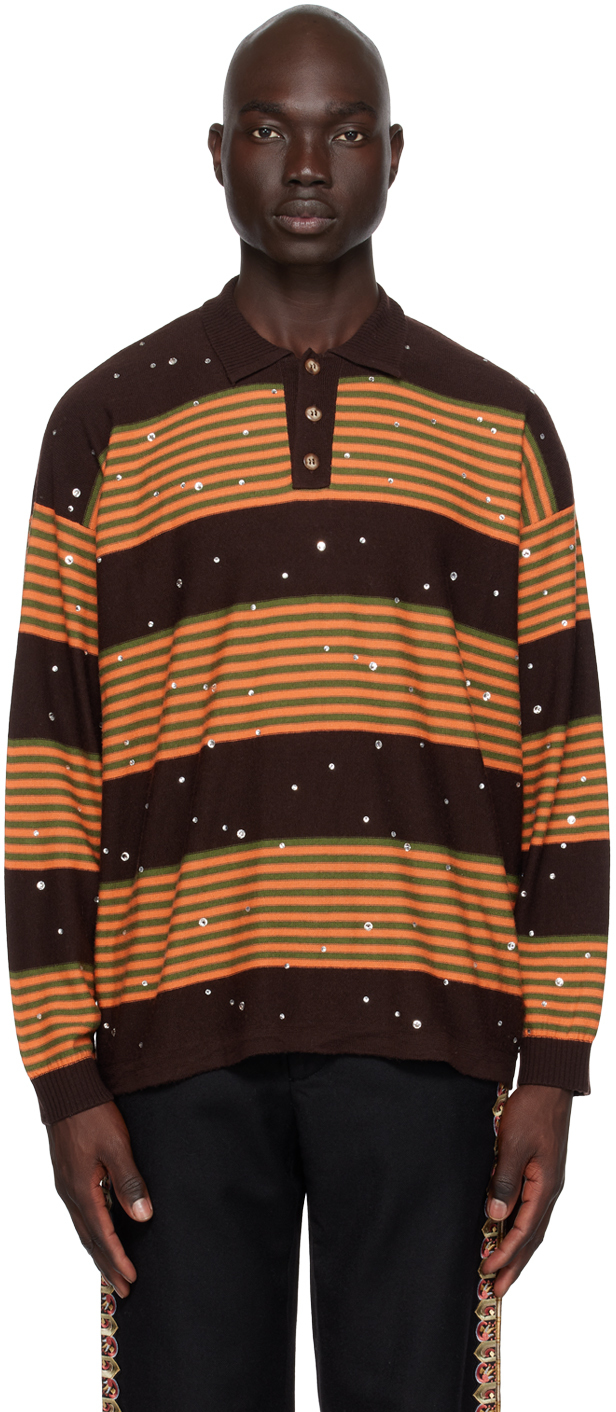 BODE BROWN & ORANGE EMBELLISHED STRIPE POLO