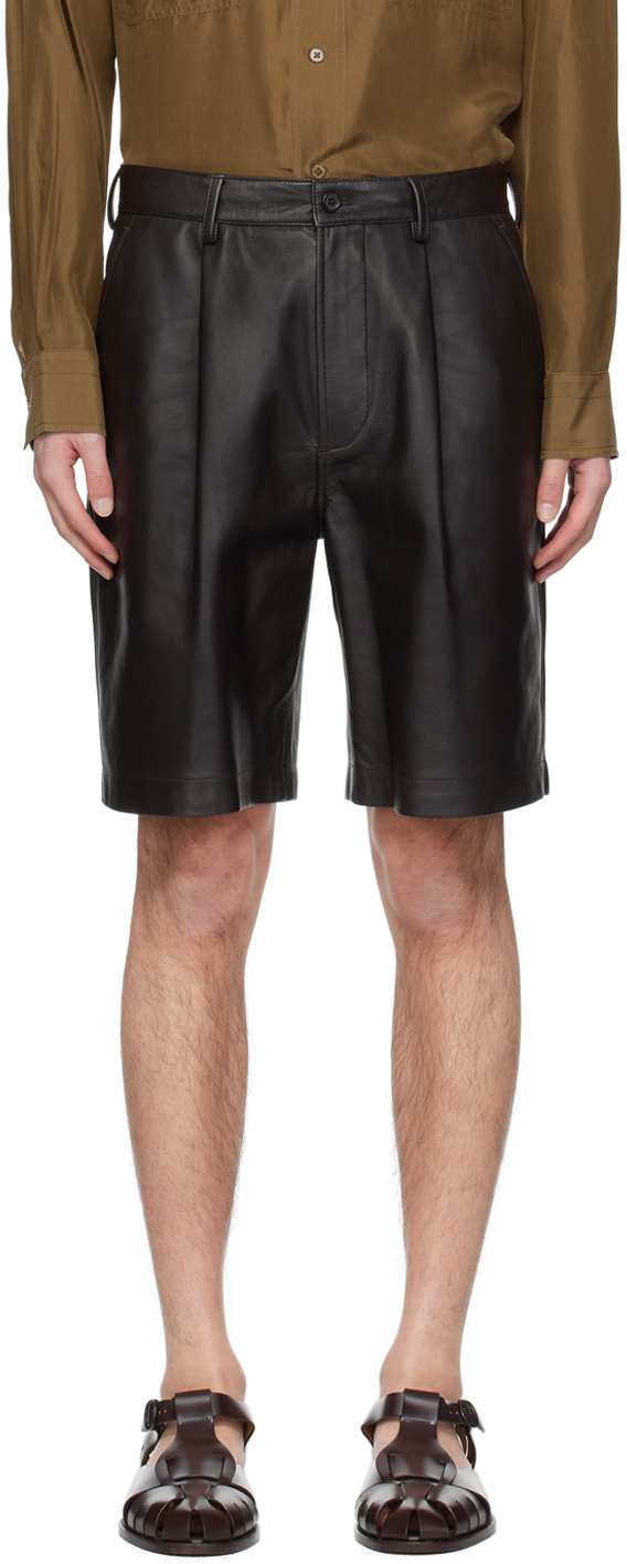 Brown Pleated Leather Shorts